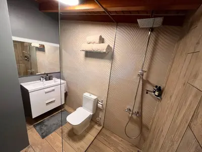 a bathroom with a shower and a toilet and a sink at Vista Villa at Katarino SPA in Bansko
