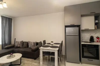 a living room with a couch and a table at Stylish 2 BDR Apartment at an Excellent Location in Sofia