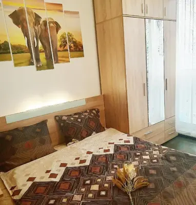 a bedroom with a bed with paintings on the wall at Alis Savana in Sofia