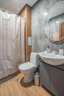 a bathroom with a toilet and a sink and a mirror at Cozy Homes 4 in Sofia