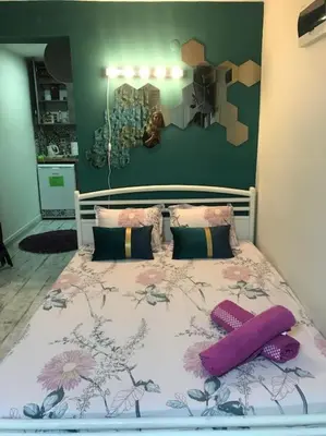 a bed with two pillows on it in a bedroom at Studio for guests Catherine in Sofia