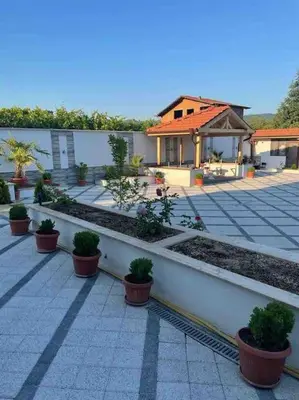 a house with potted plants on a patio at Boris House 5 bed Villa & Private Pool in Strumyani