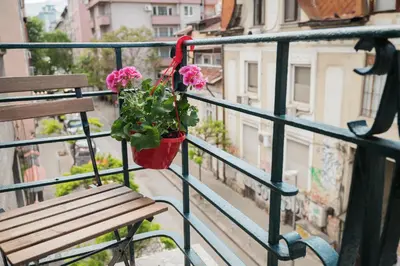 a potted plant is hanging on a balcony at Brand New 2 bdr Luxury Apartment in Top Centre in Sofia