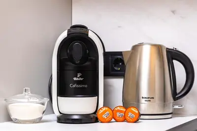 a coffee maker and a blender on a counter at Sunset 2BR Apartment Central Street PARKING Included in Plovdiv