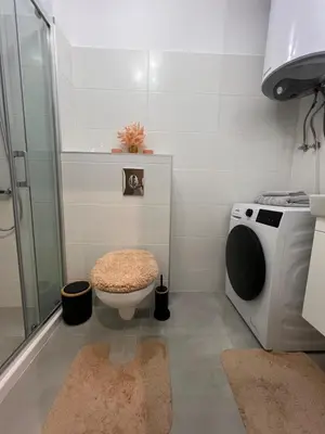 a bathroom with a toilet and a washing machine at Rome Stylish apt w Working Space and Paid Parking Spot in Sofia