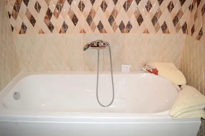 a white bath tub with a shower in a bathroom at D Villa in Mineralni Bani