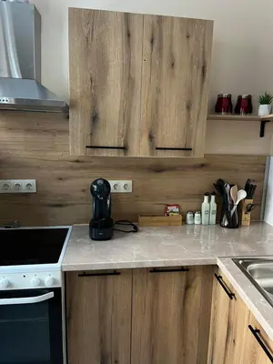 a kitchen with wooden cabinets and a counter top at EL apartment in Sofia