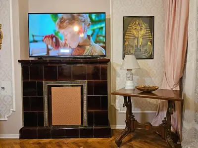 a living room with a tv on top of a fireplace at Alex Place-Central Sofia in Sofia