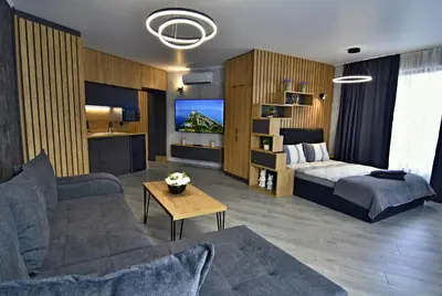 a living room with a bed and a couch at Апартамент Жери in Velingrad