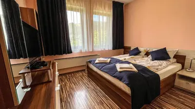 a bedroom with a bed and a television in it at Villa Orpheus in Chepelare