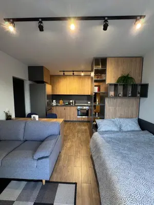 a living room with a couch and a kitchen at Studio AUREA in Sofia