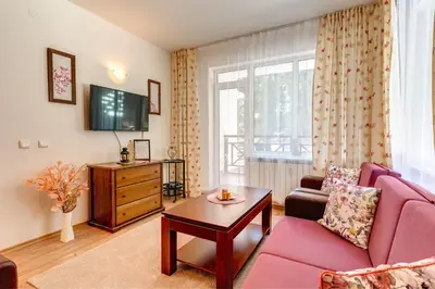 a living room with a couch and a table at MyPlace Pamporovo 2 in Pamporovo