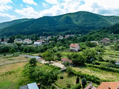 an aerial view of a small town with a mountain at Kostenets Hills in Kostenets Village