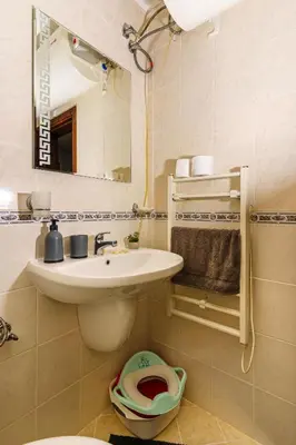 a bathroom with a sink and a toilet and a mirror at Mursala Pamporovo in Pamporovo