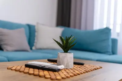 a table with remote controls and a potted plant on it at 1-Bedroom apartment with Free Private parking in Plovdiv