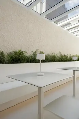 a white table and chairs in a room with plants at Hotel Hello Plovdiv - Free Parking and Pet Friendly in Plovdiv