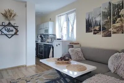a living room with a couch and a table at apartment Serenity, Bansko in Bansko