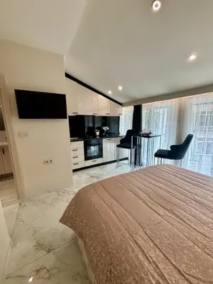 a bedroom with a large bed and a kitchen at Luxurious House with Deluxe rooms & Free Secured Parking in Sofia