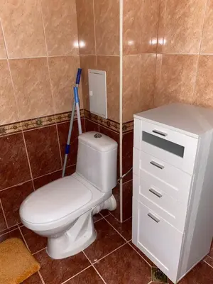 a bathroom with a toilet and a mop at Hill Top Studio Apartments in Bansko