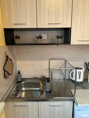 a kitchen counter with a sink in a kitchen at Cute and Cozy Flat in Sofia