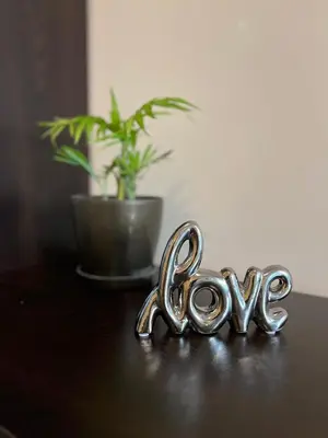a silver heart shaped word love on a table with a plant at Cute and Cozy Flat in Sofia