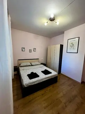 a bedroom with a bed and a ceiling fan at Cute and Cozy Flat in Sofia