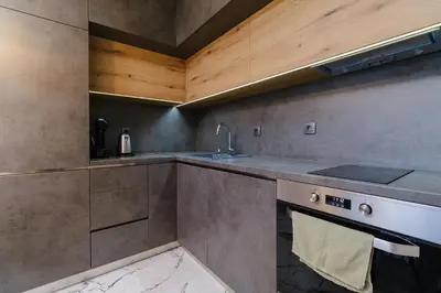 a kitchen with a sink and a counter at Lauta Forest 1-bedroom apartment in Plovdiv