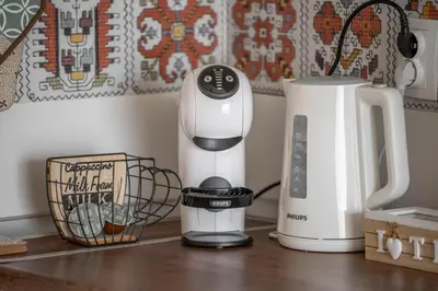 a kitchen counter with a blender and a coffee maker at Boho Apartment Plovdiv with Private Parking Space in Plovdiv