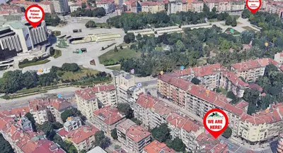 an overhead view of a city with buildings and signs at The Red Sofa City Retreat in Sofia