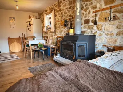 a living room with a stove in a stone wall at Books Houses in Beden