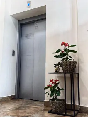 an elevator door with two plants and flowers on a shelf at City Plaza in Botevgrad