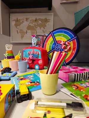 a desk with toys and other office supplies on it at Mladost Sofia, close to Metro Station and Center in Sofia