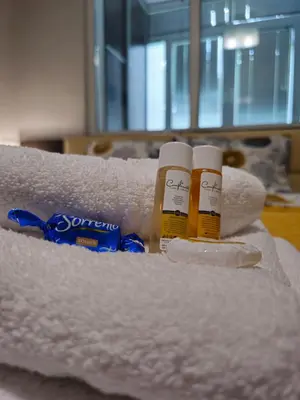 two bottles of soap and towels on top of towels at Mladost Sofia, close to Metro Station and Center in Sofia