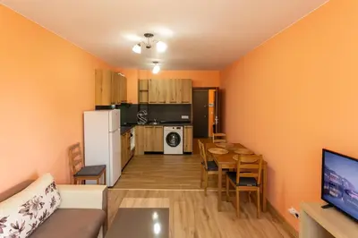 a living room with a kitchen and a dining room at Relax Apartment in Sofia