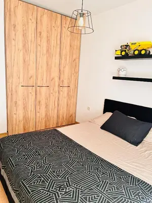 a bedroom with a bed and a wooden cabinet at Raya apartment in Plovdiv
