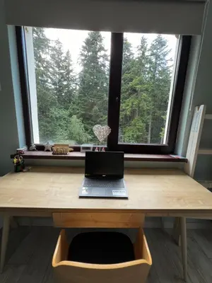 a laptop sitting on a desk in front of a window at Borovets Gardens Apartment B15 in Borovets