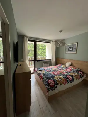 a bedroom with a bed and a television and a window at Borovets Gardens Apartment B15 in Borovets