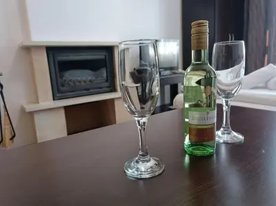 a bottle of wine and two wine glasses on a table at Студио в хотел Мария Антоанета in Bansko