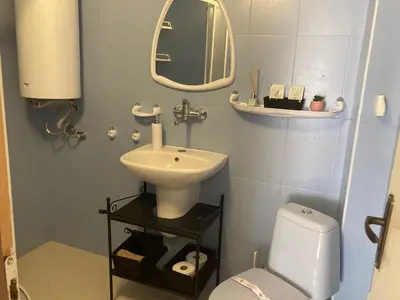 a bathroom with a sink and a mirror and a toilet at Garden apartment in Karlovo