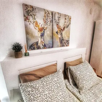 two paintings of deer on a wall above a bed at Garden apartment in Karlovo