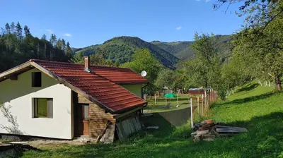 a small house in a field with mountains in the background at Вила Идилия in Ribarica
