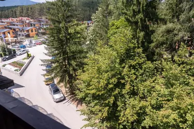 an overhead view of a parking lot with cars and trees at Arni Aparts in Velingrad