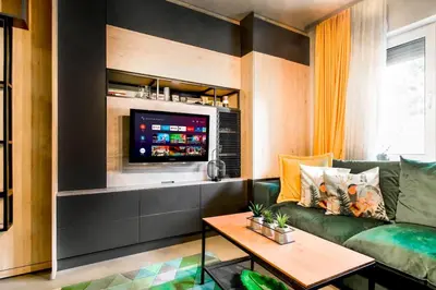 a living room with a green couch and a tv at Compact Studio for Digital Nomads, Fast WiFi, AC in Sofia