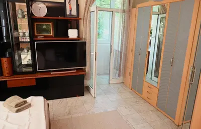a living room with a flat screen tv and a doorway at Urban Oasis Studio in Sofia