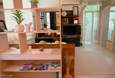 a living room with pink shelves and a tv at Urban Oasis Studio in Sofia