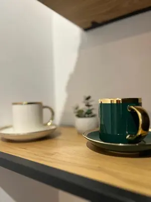 a green coffee cup and a plate on a counter at Pirotska Cozy Room in Sofia