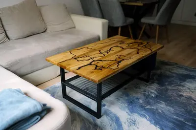 a coffee table in a living room with a couch at Top Center Retreat, Near AUBG FREE Parking in Blagoevgrad