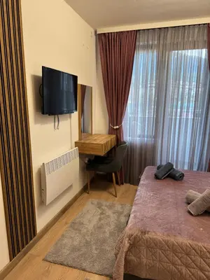 a bedroom with a bed and a desk and a television at Anna Lux in Bansko