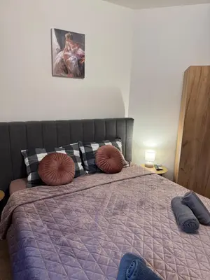 a bedroom with a bed with a purple comforter and pillows at Anna Lux in Bansko