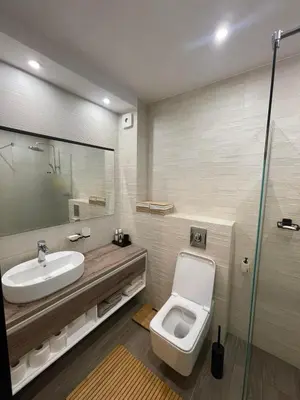 a bathroom with a toilet and a sink and a shower at Borovets Boutique Apartment Sequoia II in Borovets
